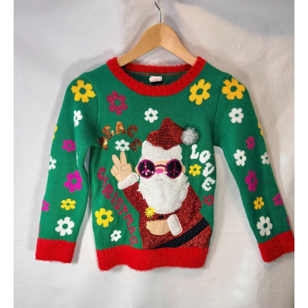 Holiday time children’s medium 7–8 Christmas sweater with a peace sign
